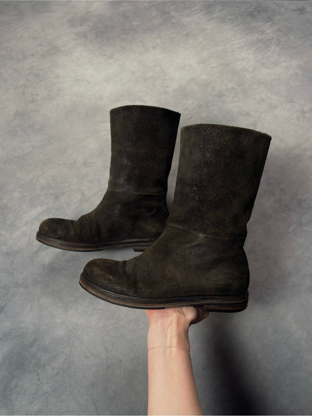 Marsèll Distressed Suede Avantgarde Artisanal Y2K Mid Calf Brown Leather Boots